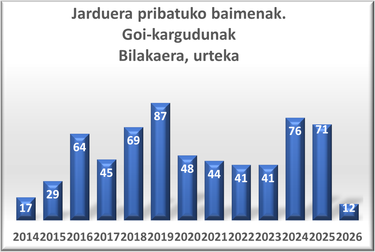 Jarduera pribaturako baimenak Goi-kargudunak, bilakaera urtearen arabera