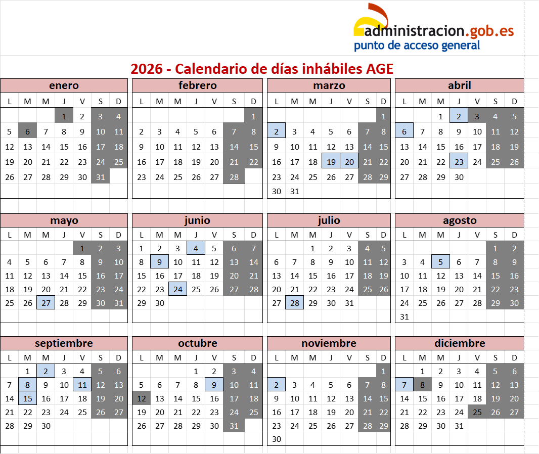 Imaxe do Calendario de días inhábiles na AGE para 2026