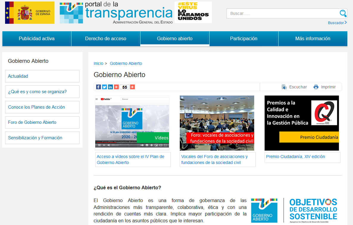 Imagen de la página principal de la sección de Gobierno Abierto