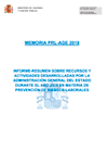 Portada de Memòria PRL-AGE 2018. Informe-resum sobre recursos i activitats desenvolupades per l'administració general de l'estat durant l'any 2018 en matèria de prevenció de riscos  laborals
